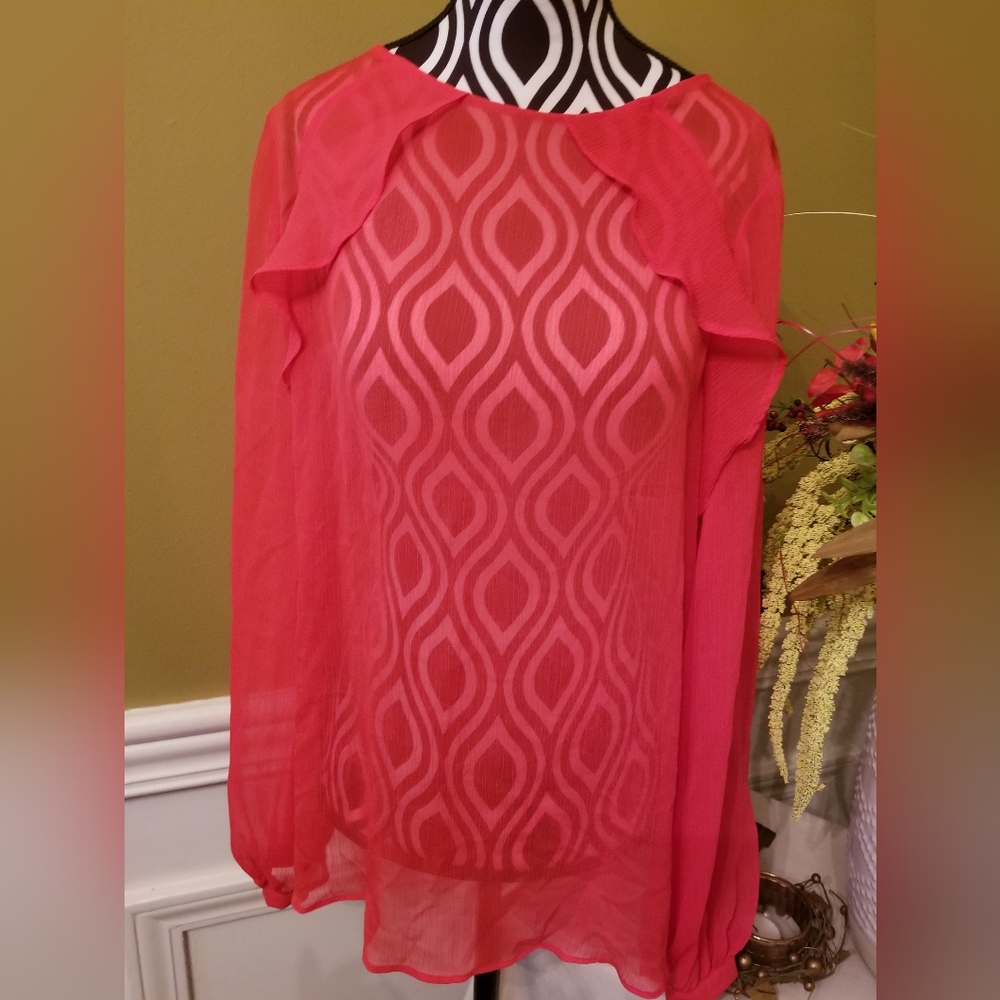 Worthington Long Sleeve Red Sheer Ruffle Blouse